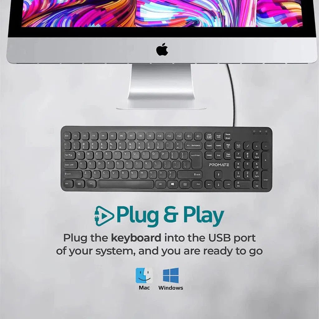 Promate Ultra-Slim Quiet Key Wired Keyboard ColorWaves