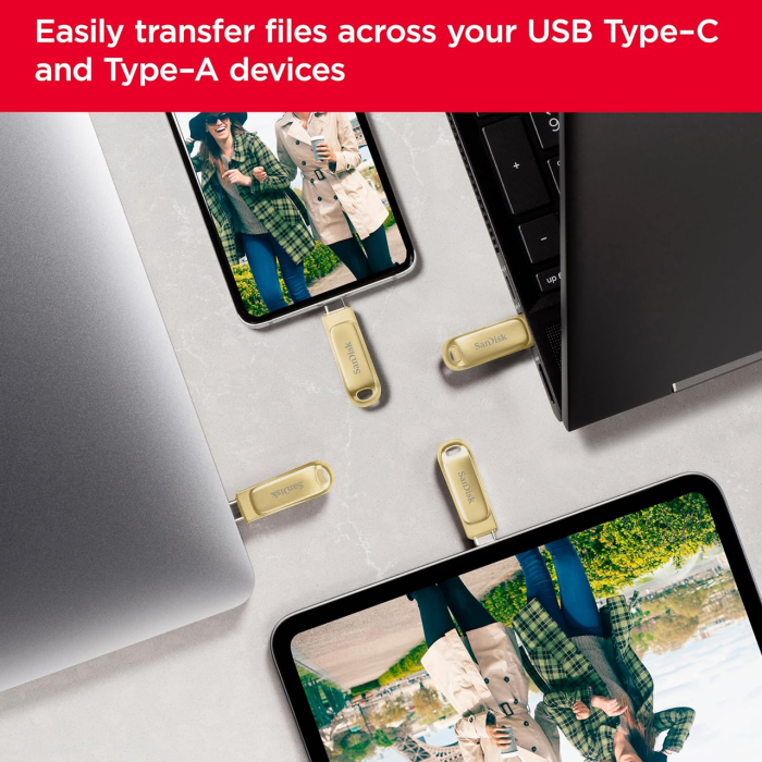 SanDisk Ultra Dual Drive Luxe 512GB Type-C USB 3.2 Gen 1 Read Speed up to 400 MB/s Premium Metal Design - Gold Sandisk