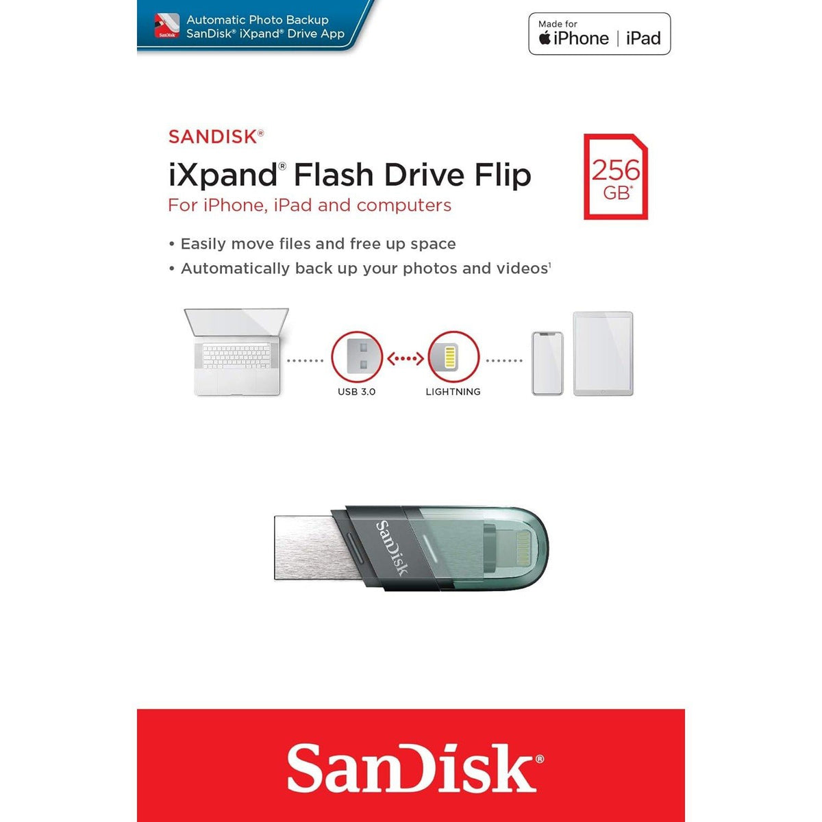 SanDisk iXpand Flash Drive Flip - 256GB / USB 3.1 Gen 1 / Lightning / Black and Silver Sandisk