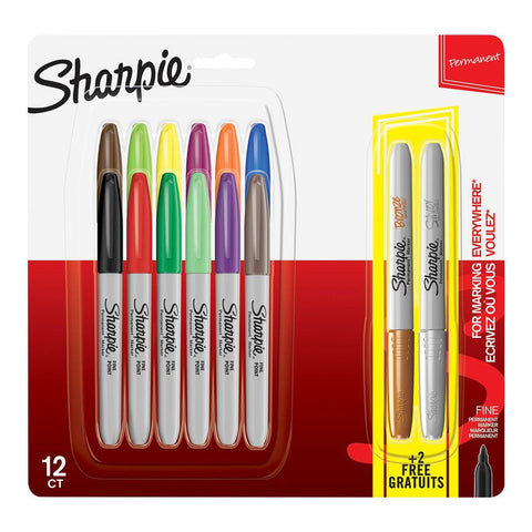 Sharpie Permanent Marker Fine Point 12 Set + 2 Metallic ColorWaves
