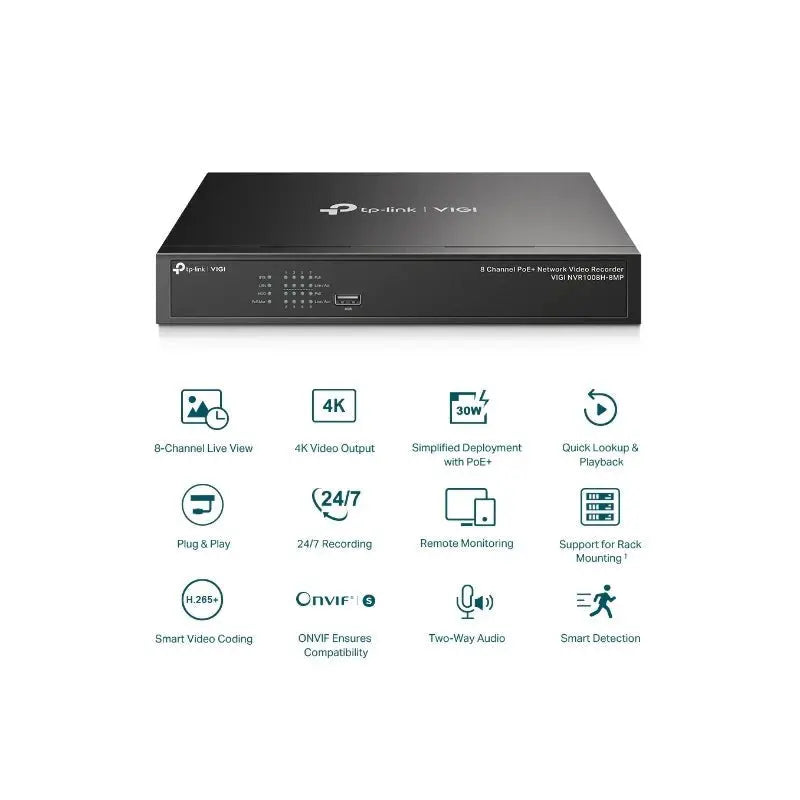 TP-LINK VIGI 8 Channel PoE+ Network Video Recorder - RJ-45 / USB 2.0 / SATA / Black TP-Link