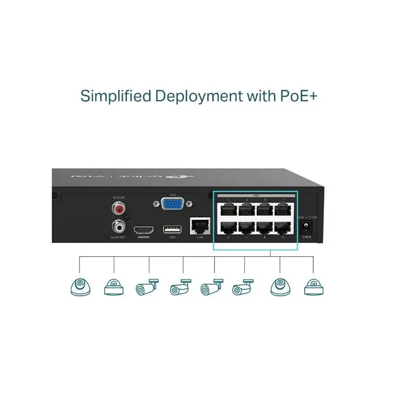 TP-LINK VIGI 8 Channel PoE+ Network Video Recorder - RJ-45 / USB 2.0 / SATA / Black TP-Link