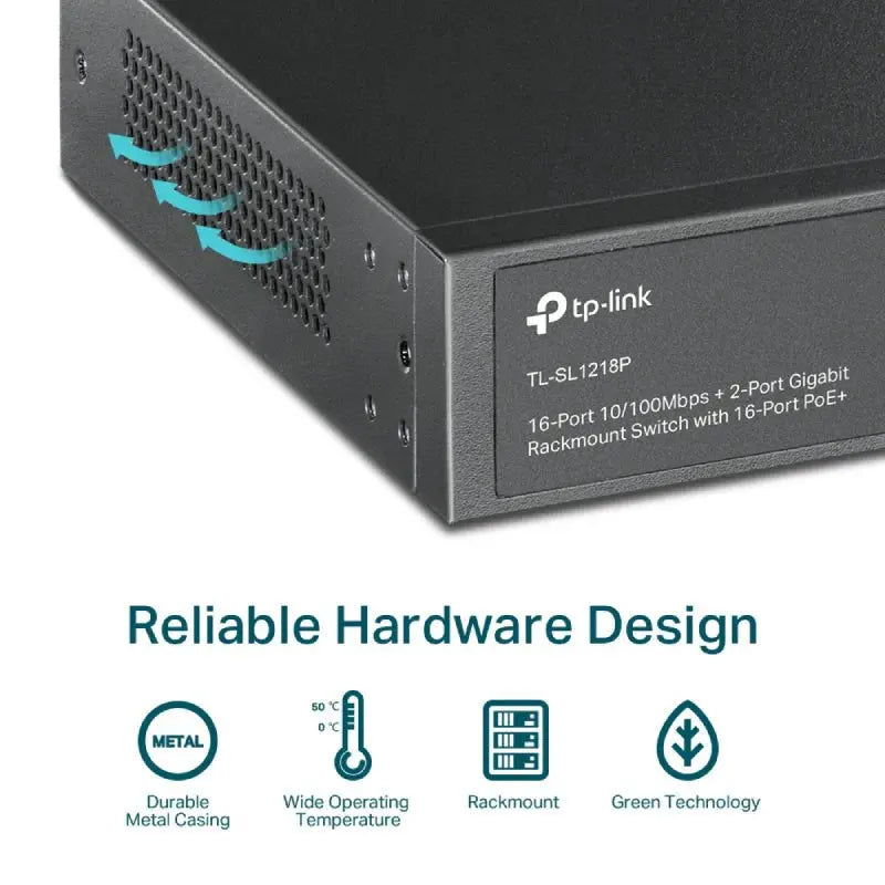 TP-Link (TL-SL1218P) 16-Port 10/100 Mbps + 2-Port Gigabit Rackmount Switch with 16-Port PoE+ - 7.2Gbps / LAN TP-Link