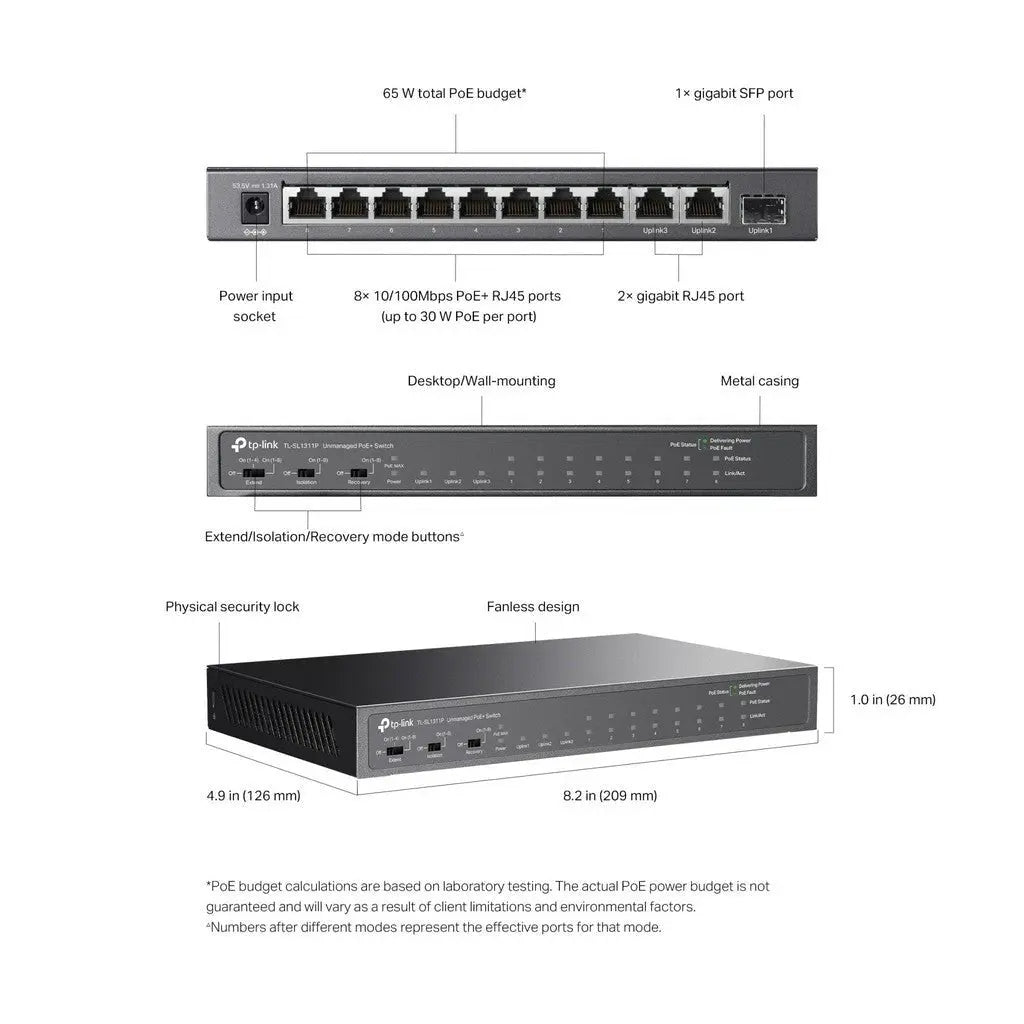 TP-Link (TL-SL1311P) 8-Port 10/100Mbps + 3-Port Gigabit Desktop Switch with 8-Port PoE+ - 7.6Gbps / LAN TP-Link