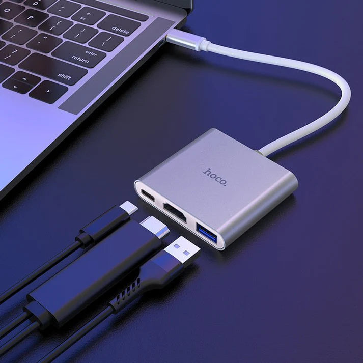 Hoco HB14 Easy-Use Type-C Adapter - Type-C To USB 3.0 + Hdmi + PD - White Hoco