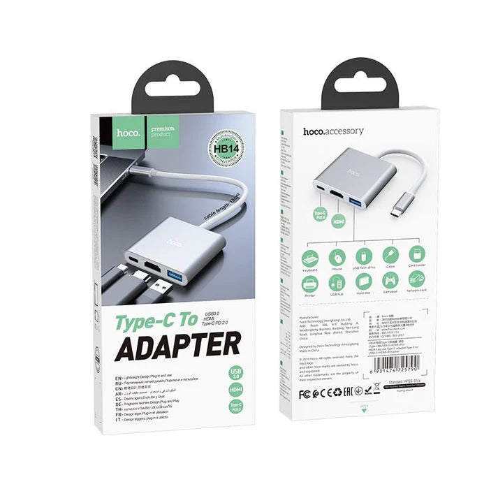 Hoco HB14 Easy-Use Type-C Adapter - Type-C To USB 3.0 + Hdmi + PD - White Hoco
