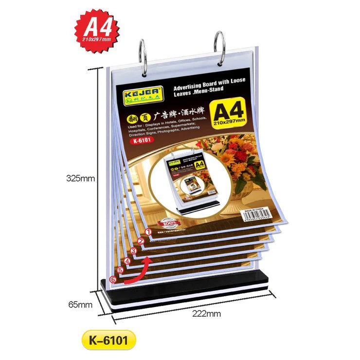 Kejea K-6101 Advertising Board With Loose Leaves/Menu Stand (A4V) - 6 Pages ColorWaves