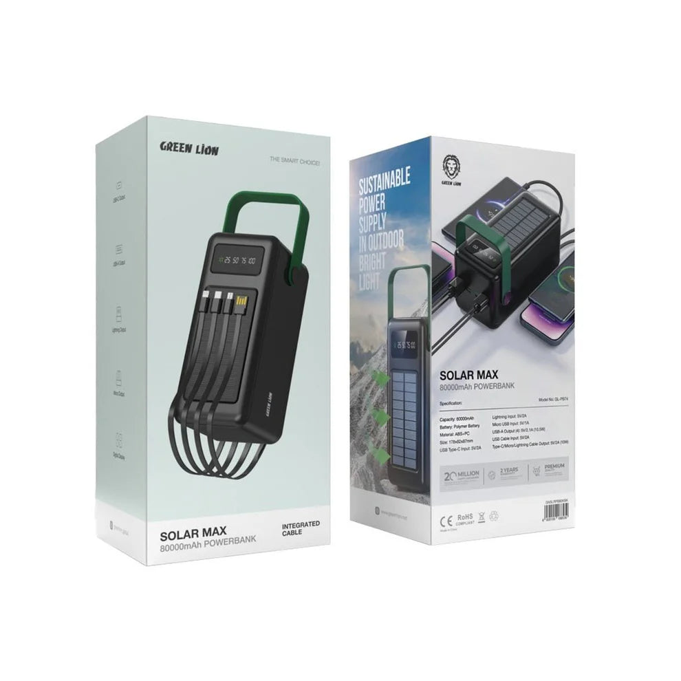 Solar 80,000mAh Power Bank Green Lion Solar Max Fast Charging - Black Green Lion